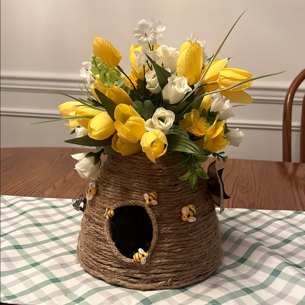 Hand Crafted Yellow and White Faux Floral Beehive